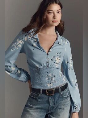 NWT Maeve Anthropologie Smocked Floral Button Down Blouse Large Collared Romance
